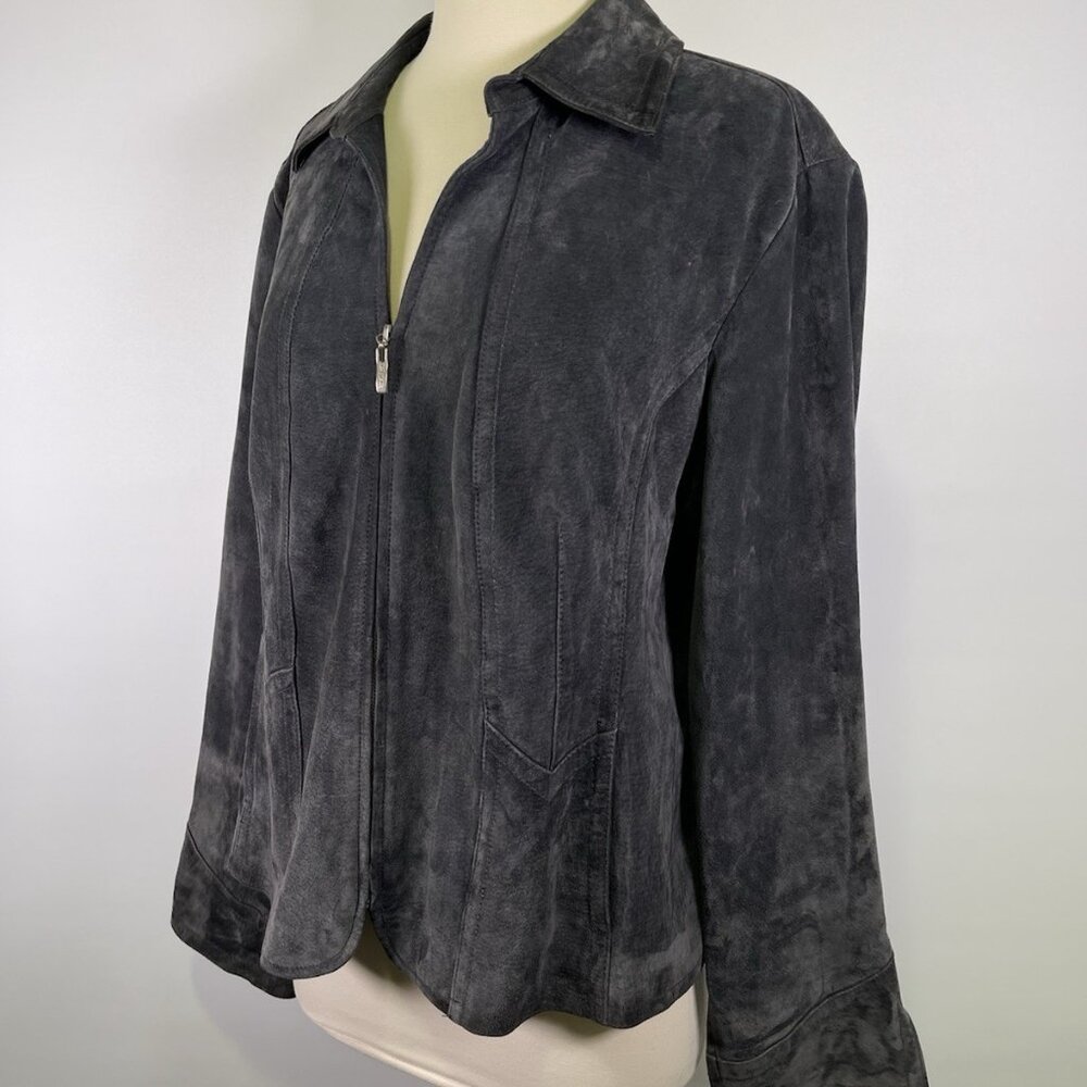 Y2K Live A Little Suede Leather Jacket XL Dark Gray Zip Front Boho Western Moto - Picture 2 of 10